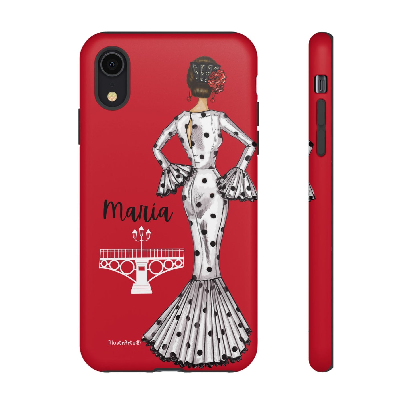 Funda de teléfono personalizable con nombre, diseño flamenco de María, ideal para quienes quieren un estilo único.