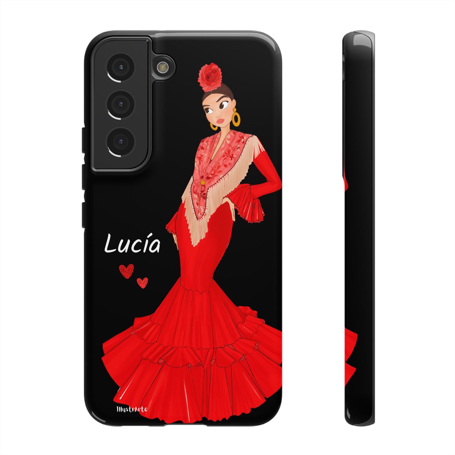 una funda de teléfono con una mujer en un vestido rojo