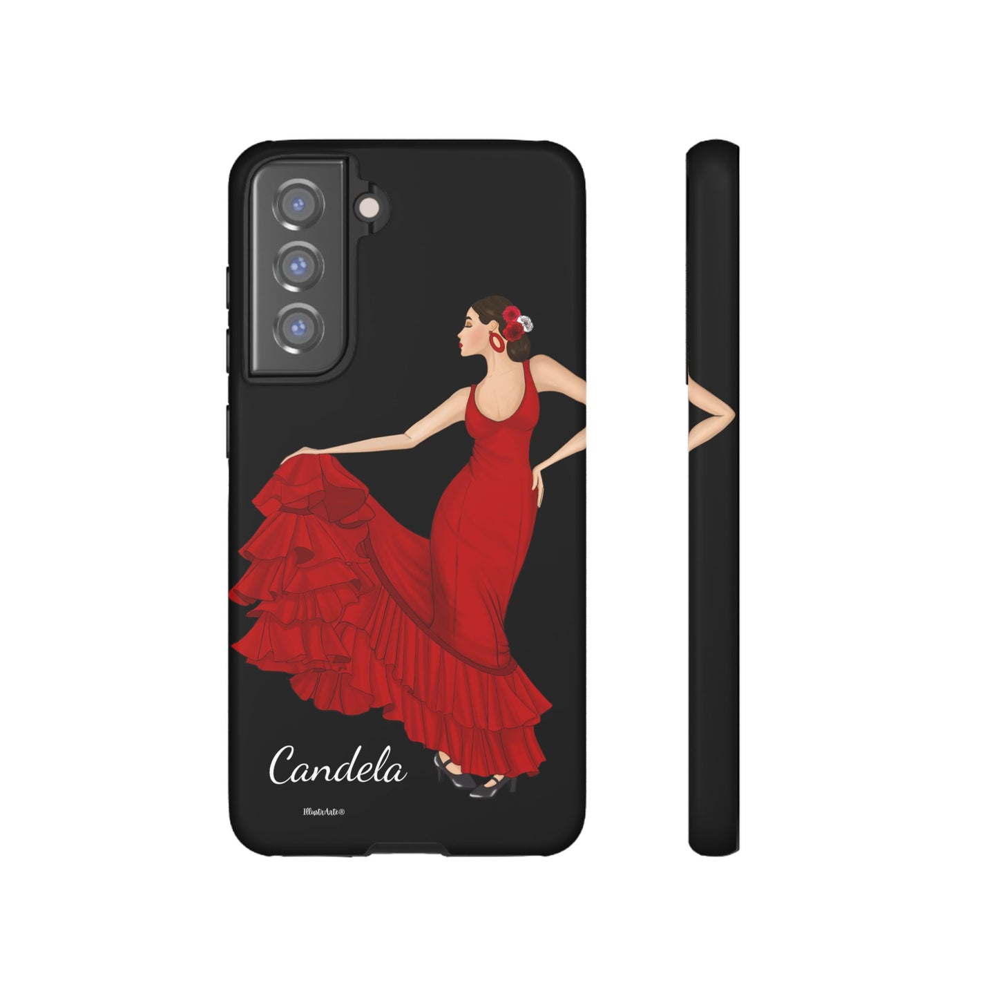 una funda de teléfono con una imagen de una mujer en un vestido rojo