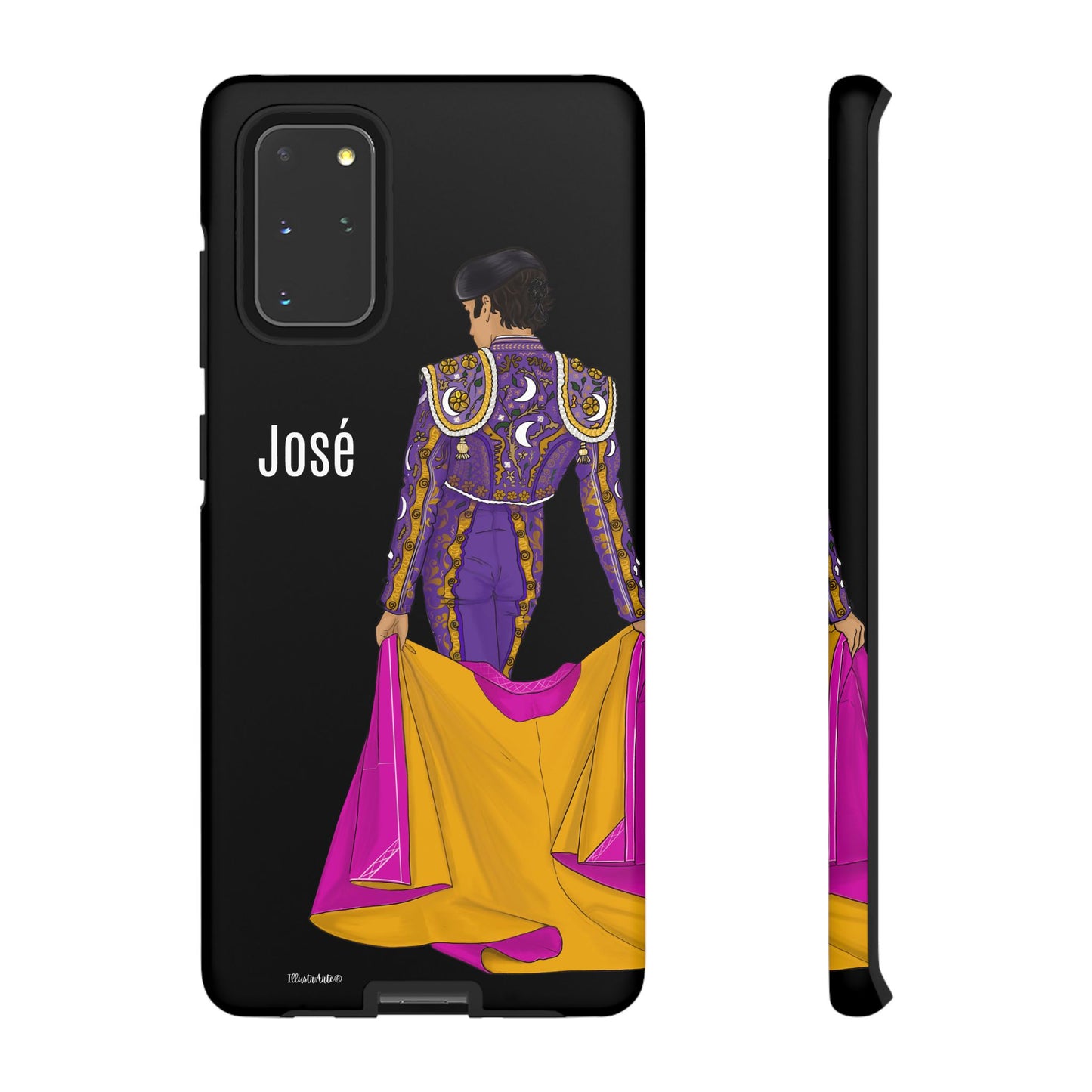 una funda de teléfono con un dibujo de una mujer en un traje morado y amarillo