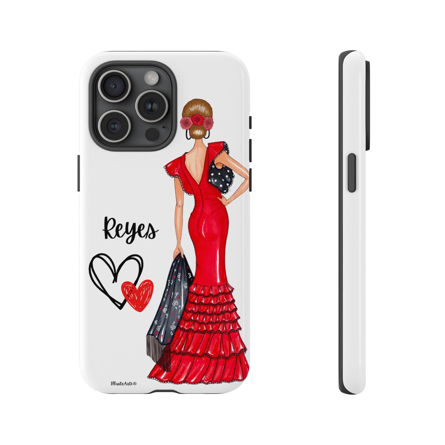 una funda de teléfono con una mujer en un vestido rojo