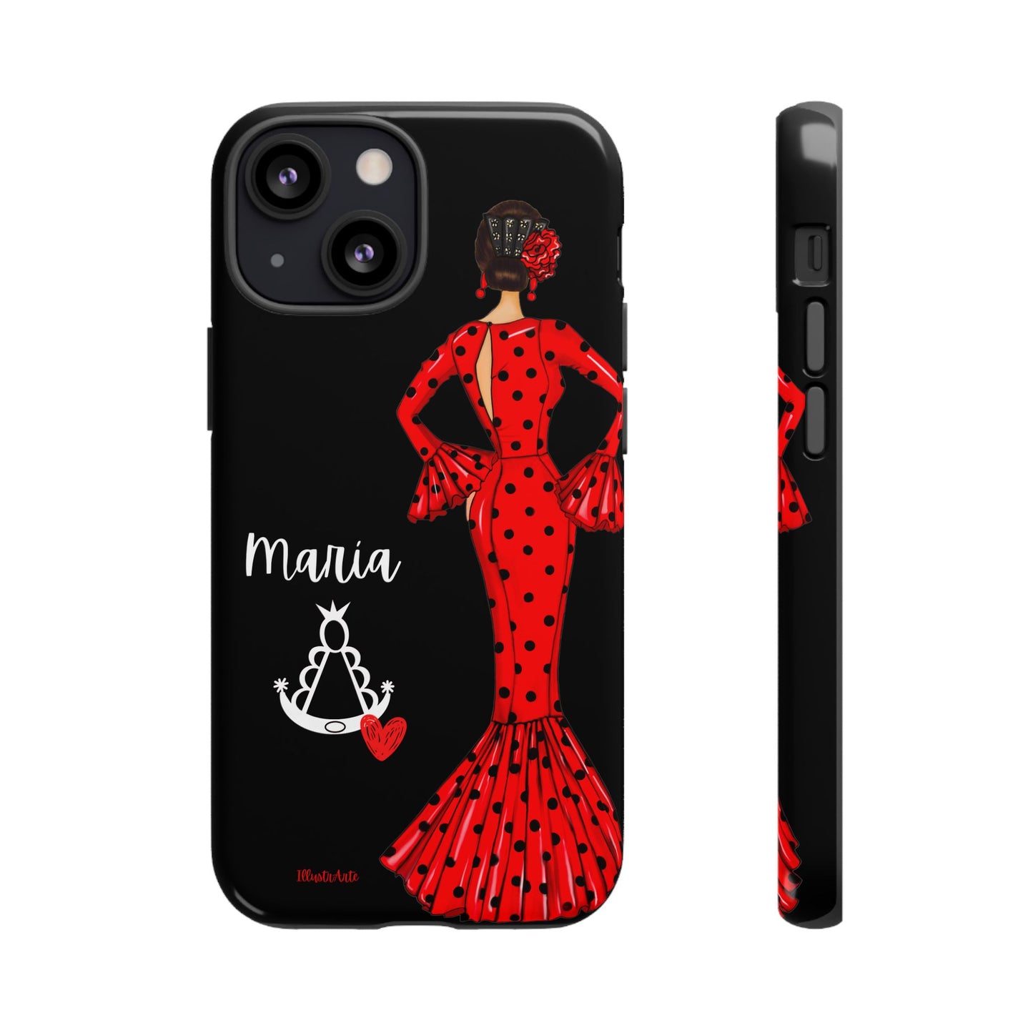 una funda de teléfono con una mujer en un vestido rojo