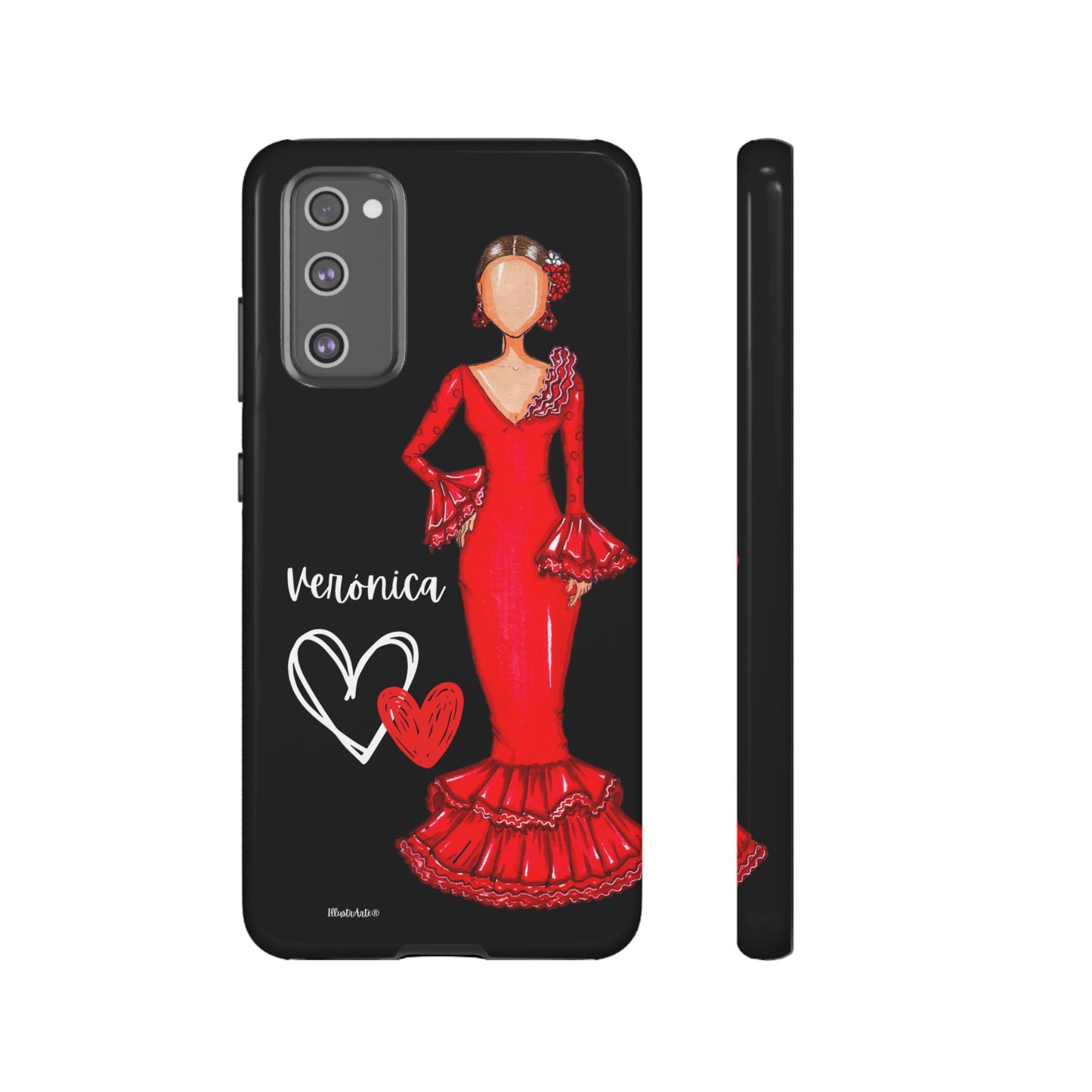 una funda de teléfono con una mujer con un vestido rojo