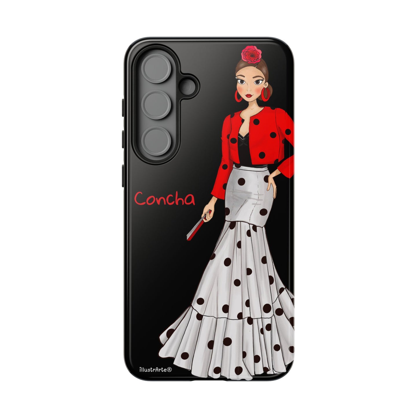 Fondo negro y diseño artístico de la funda de teléfono Modelo Conchita.