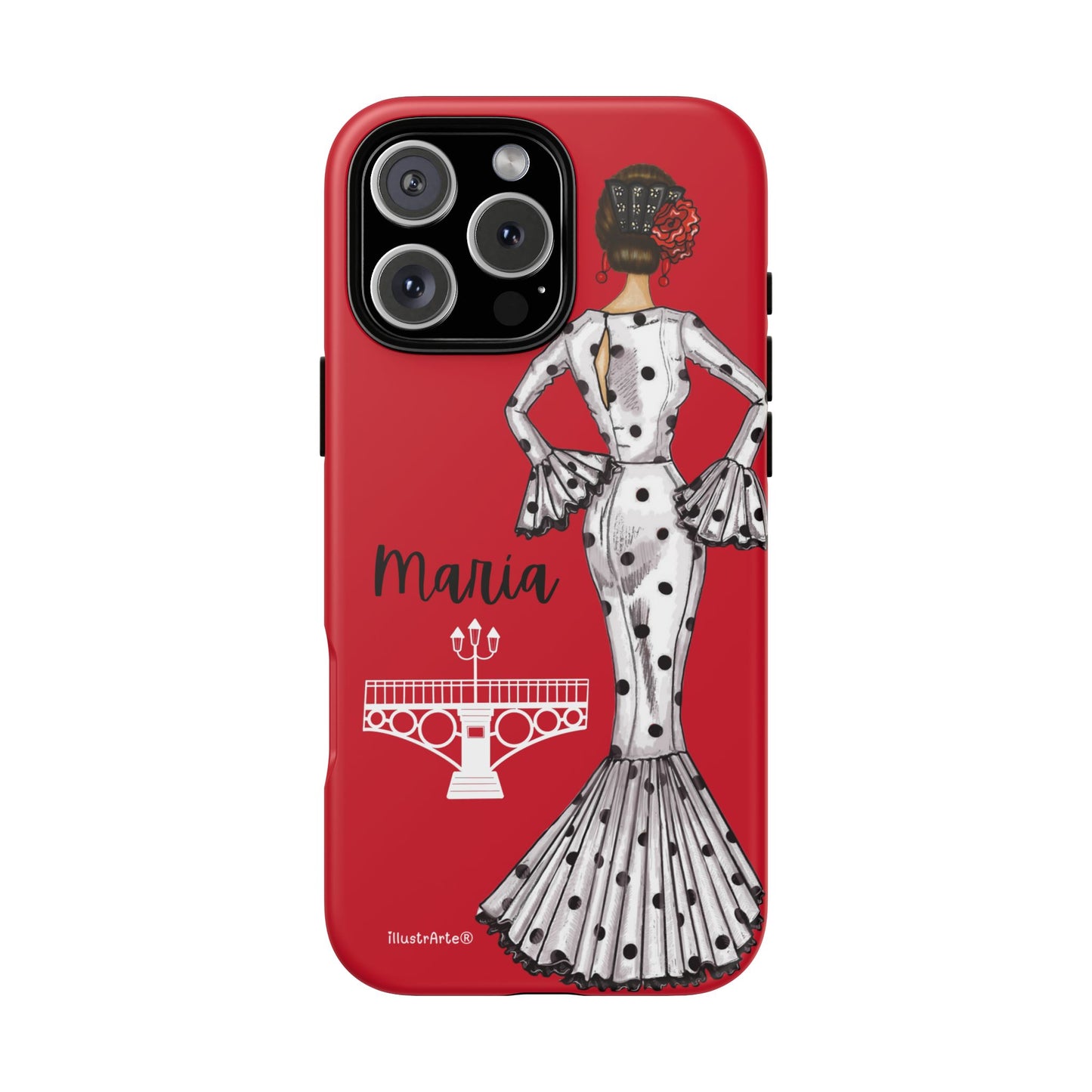 Fondo claro mostrando la funda de teléfono personalizable con diseño de flamenca María, perfecta para iPhone.