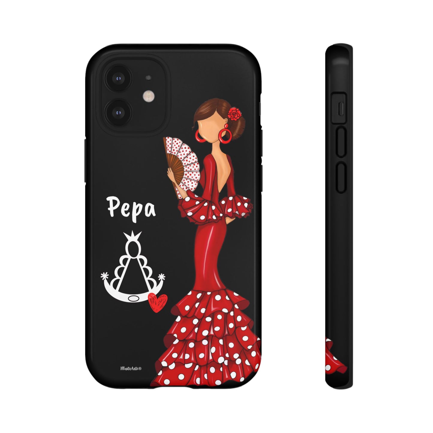 Personalized Pepa phone case on a black background with the Virgin Mary – for iPhone, Samsung, Pixel