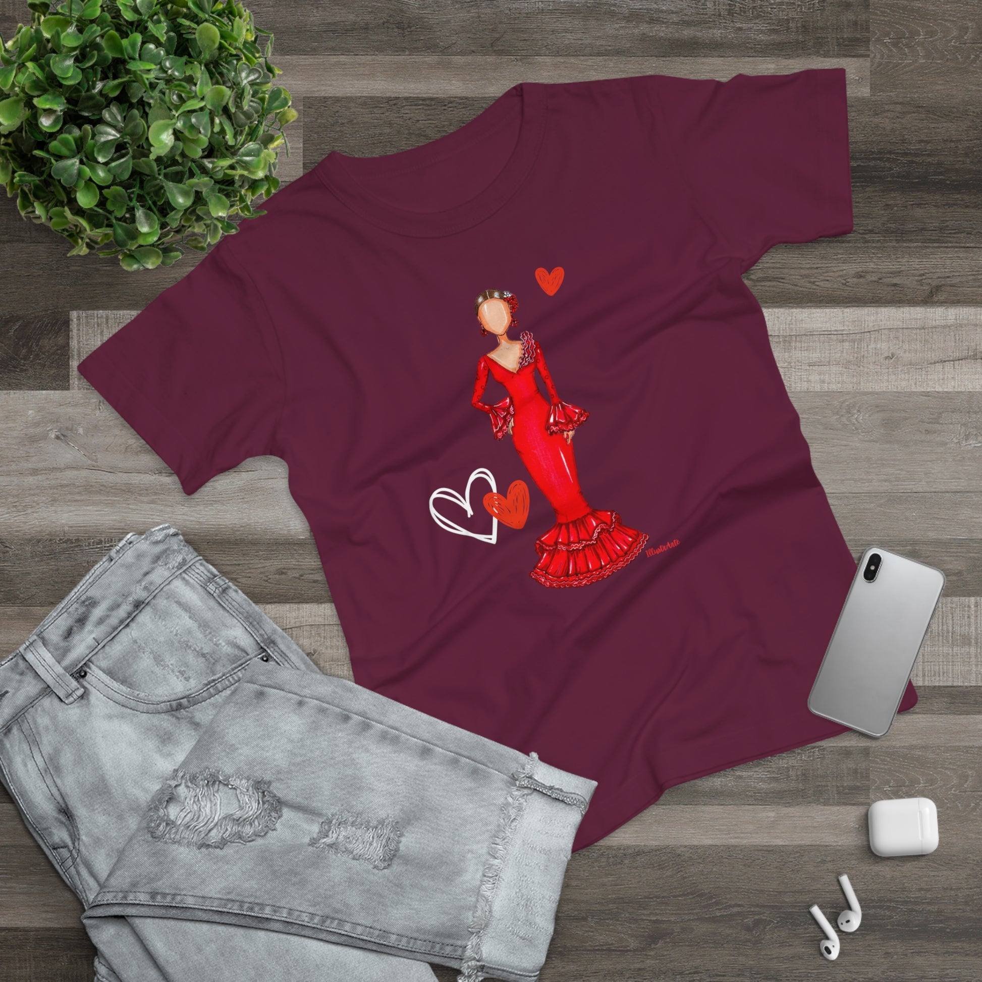 a t - shirt with a picture of a woman in a red dress