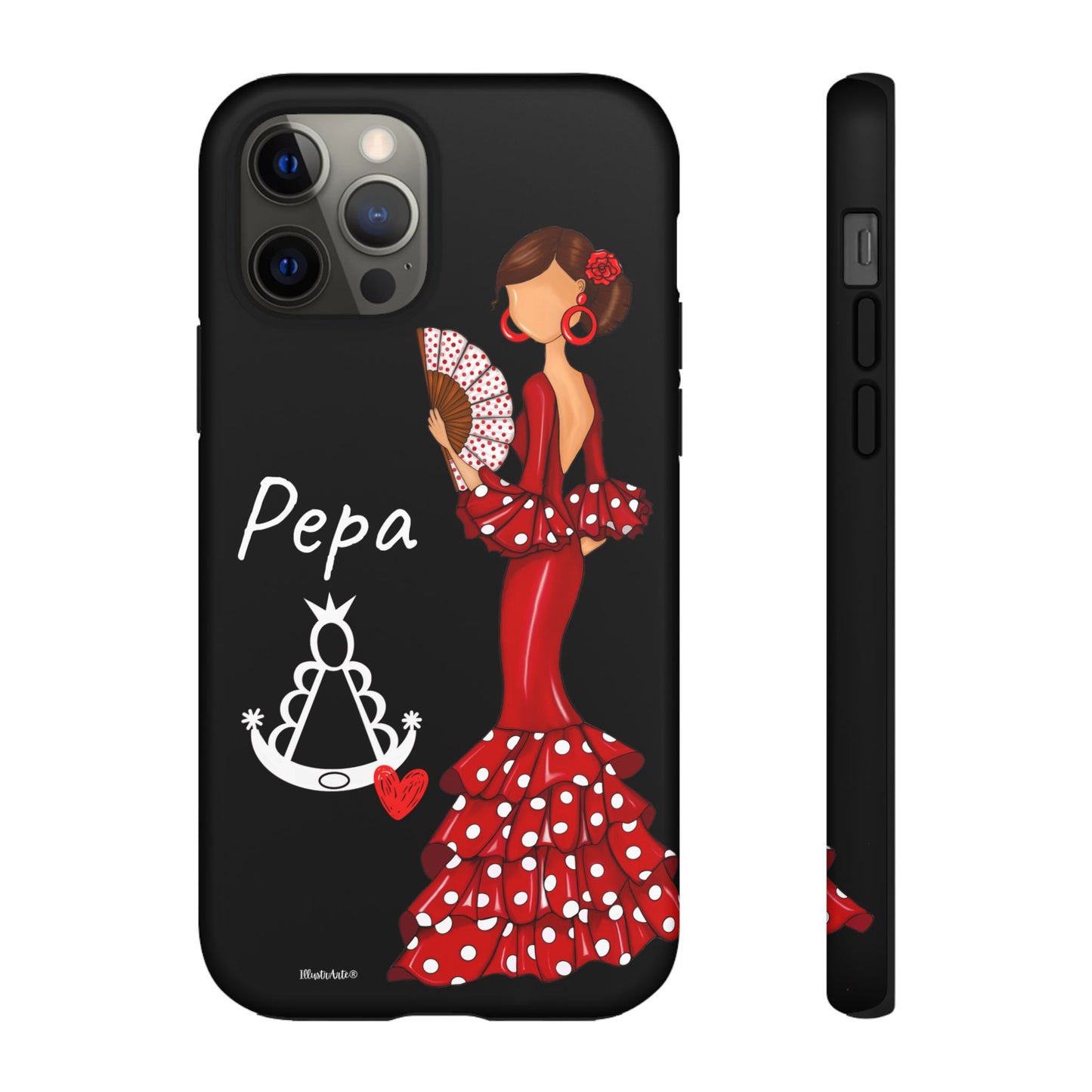 una funda de teléfono con una mujer en un vestido rojo