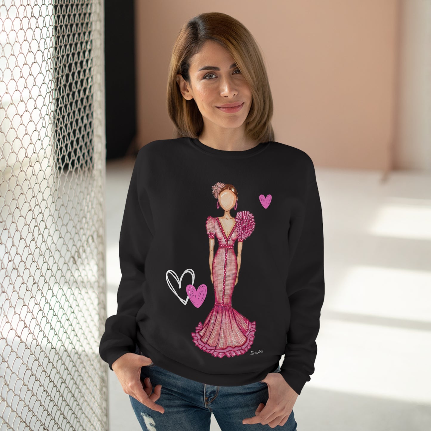 Flamenco lovers white Crewneck Sweatshirt, beautiful flamenco dancer in a pink dress with hearts. - IllustrArte