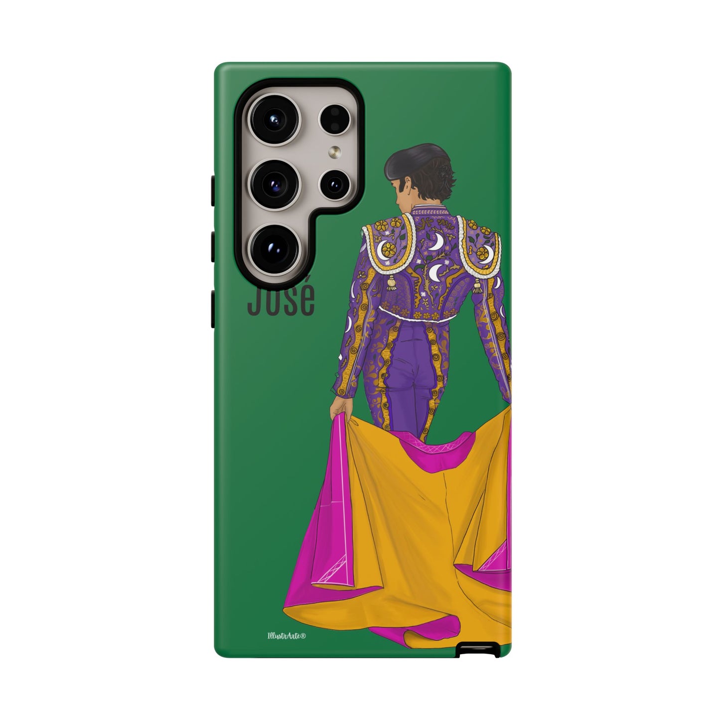 una funda de teléfono con una imagen de un hombre en un atuendo púrpura y amarillo