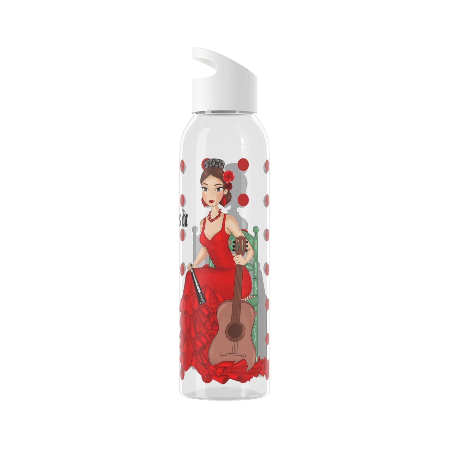 una botella de agua con una imagen de una mujer en un vestido rojo