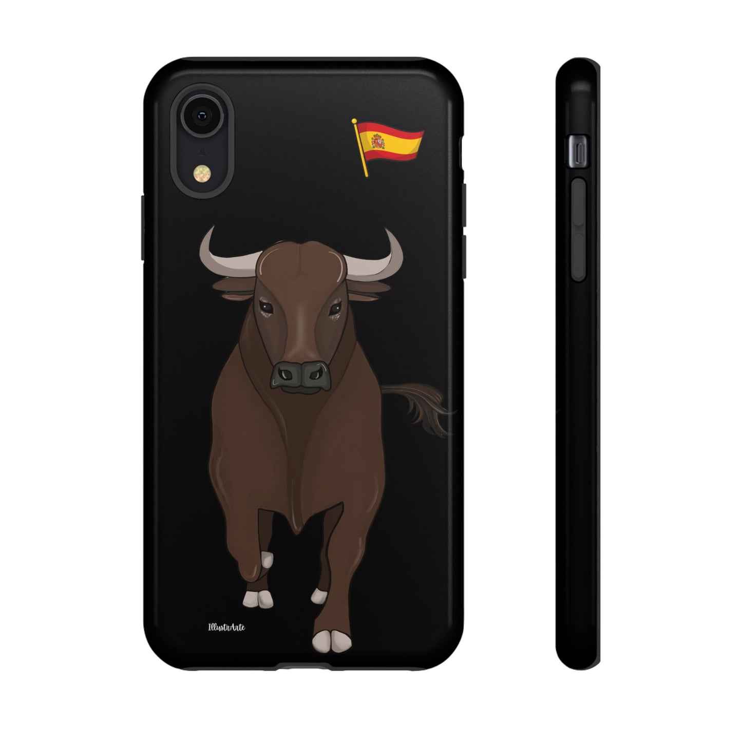 Texto personalizado en la funda de teléfono toro Manuel, mostrando la opción de personalización.