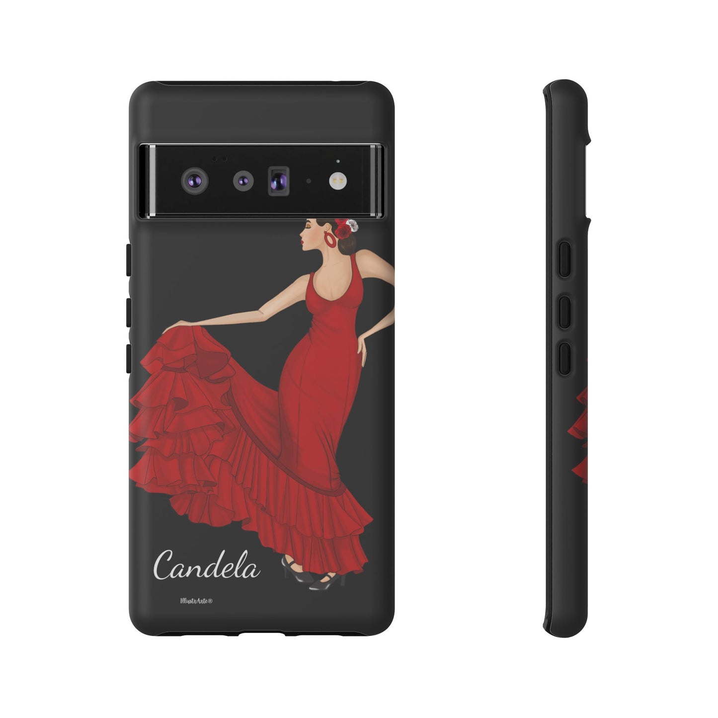 una funda de teléfono con una mujer en un vestido rojo