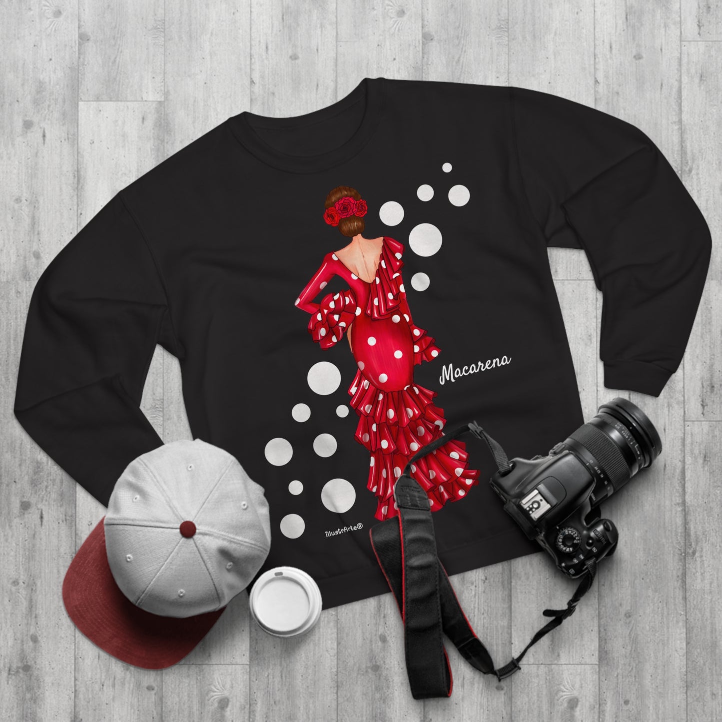 Sudadera Personalizable  - Flamenca Macarena, fondo negro con lunares - Arte, color y comodidad en una sola prenda