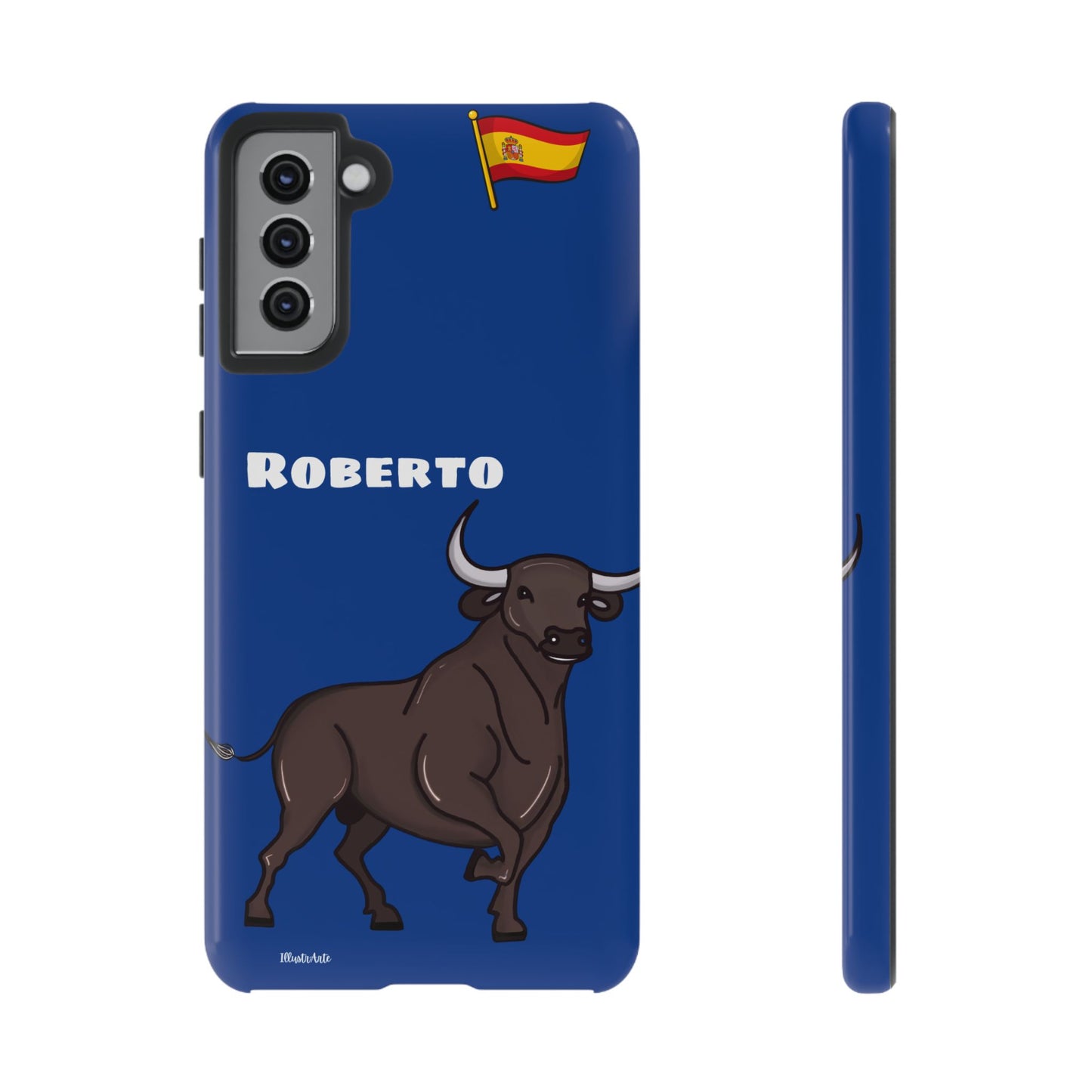 una funda de teléfono azul con un toro en ella