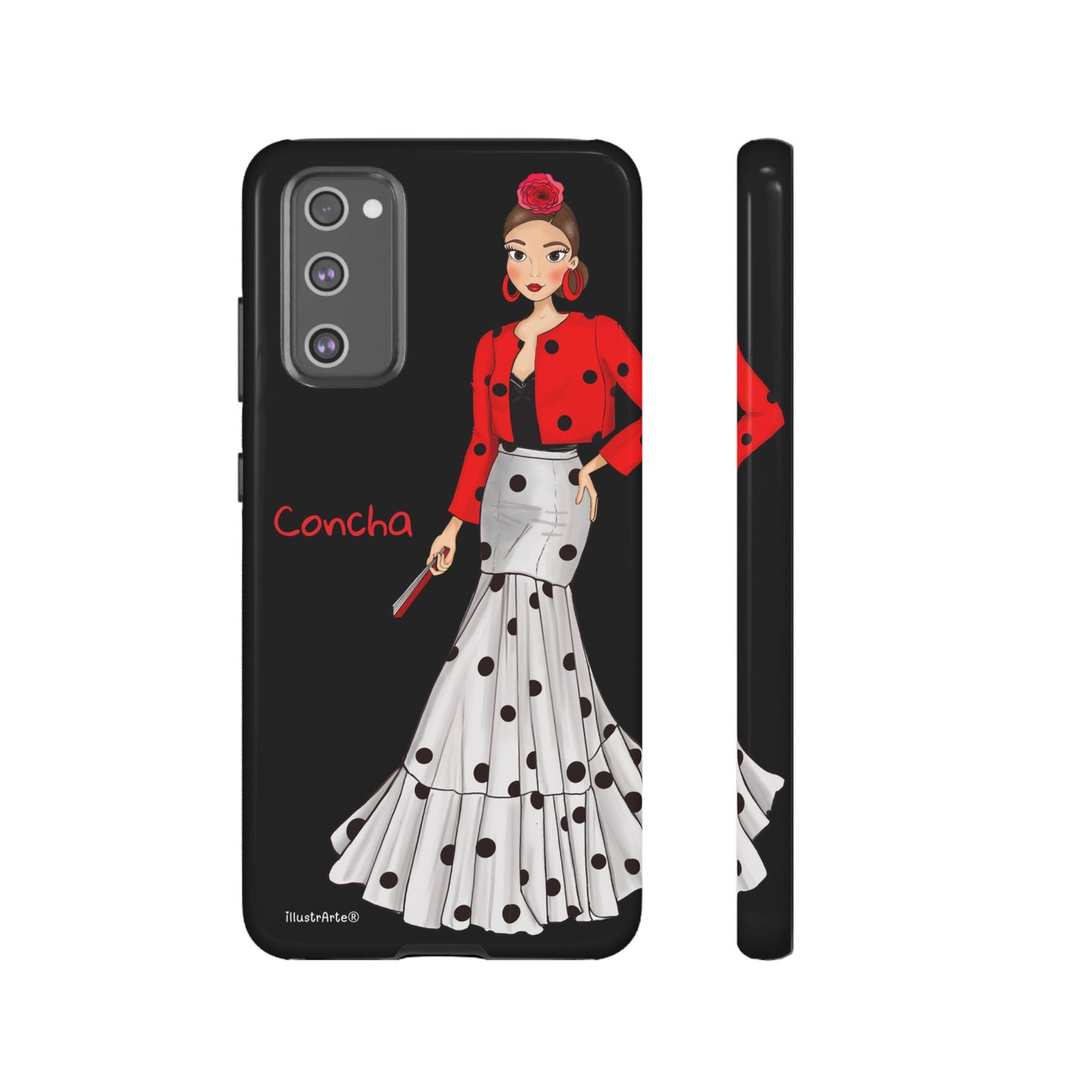 Funda Modelo Conchita fondo negro, ideal para iPhone, Samsung y Google Pixel.