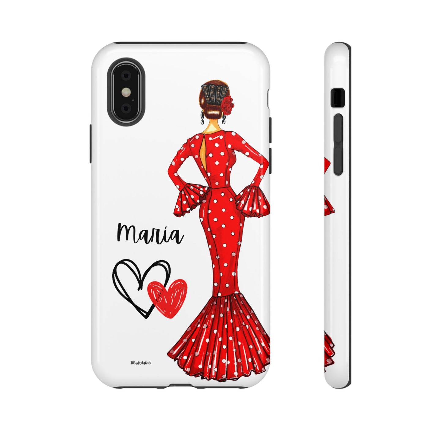 una funda de teléfono con una mujer en un vestido rojo