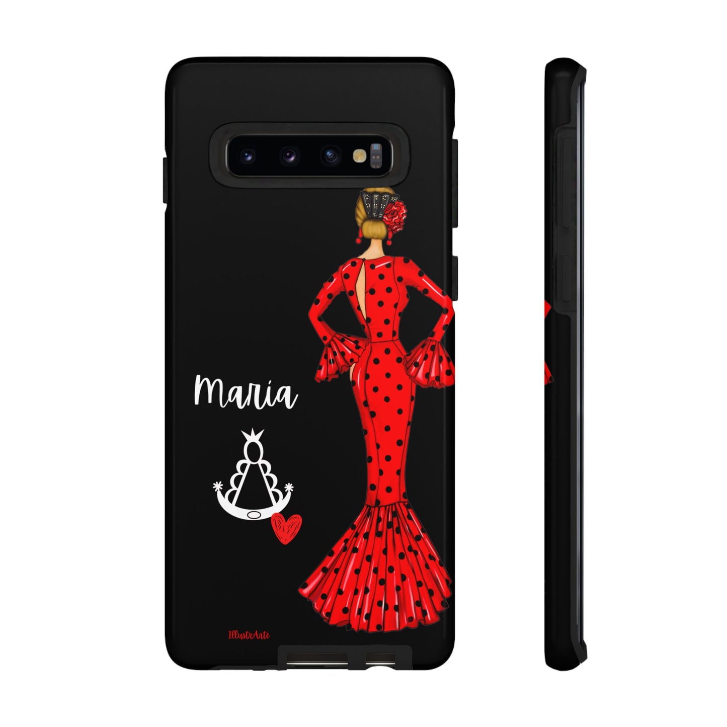 una funda de teléfono con una mujer en un vestido rojo