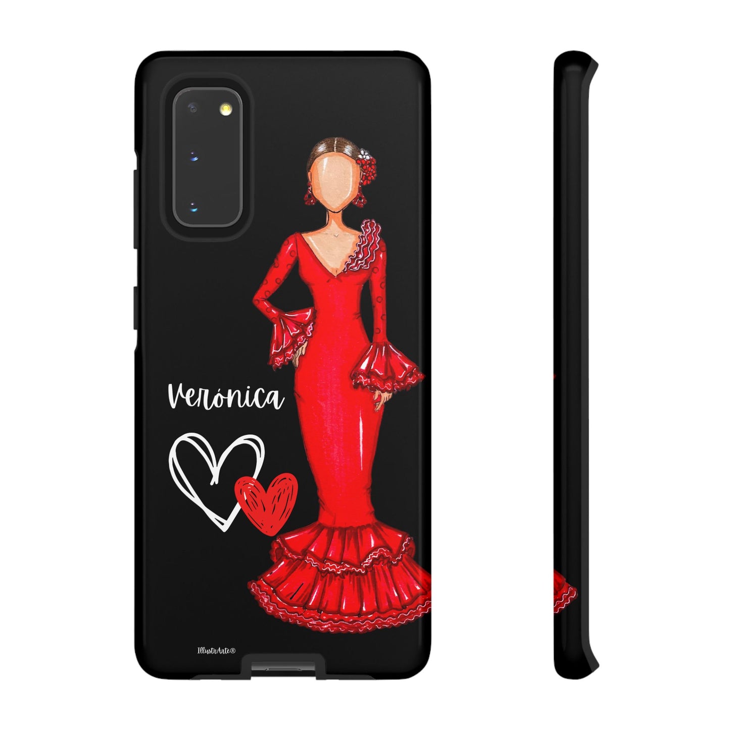 una funda de teléfono con una imagen de una mujer con un vestido rojo