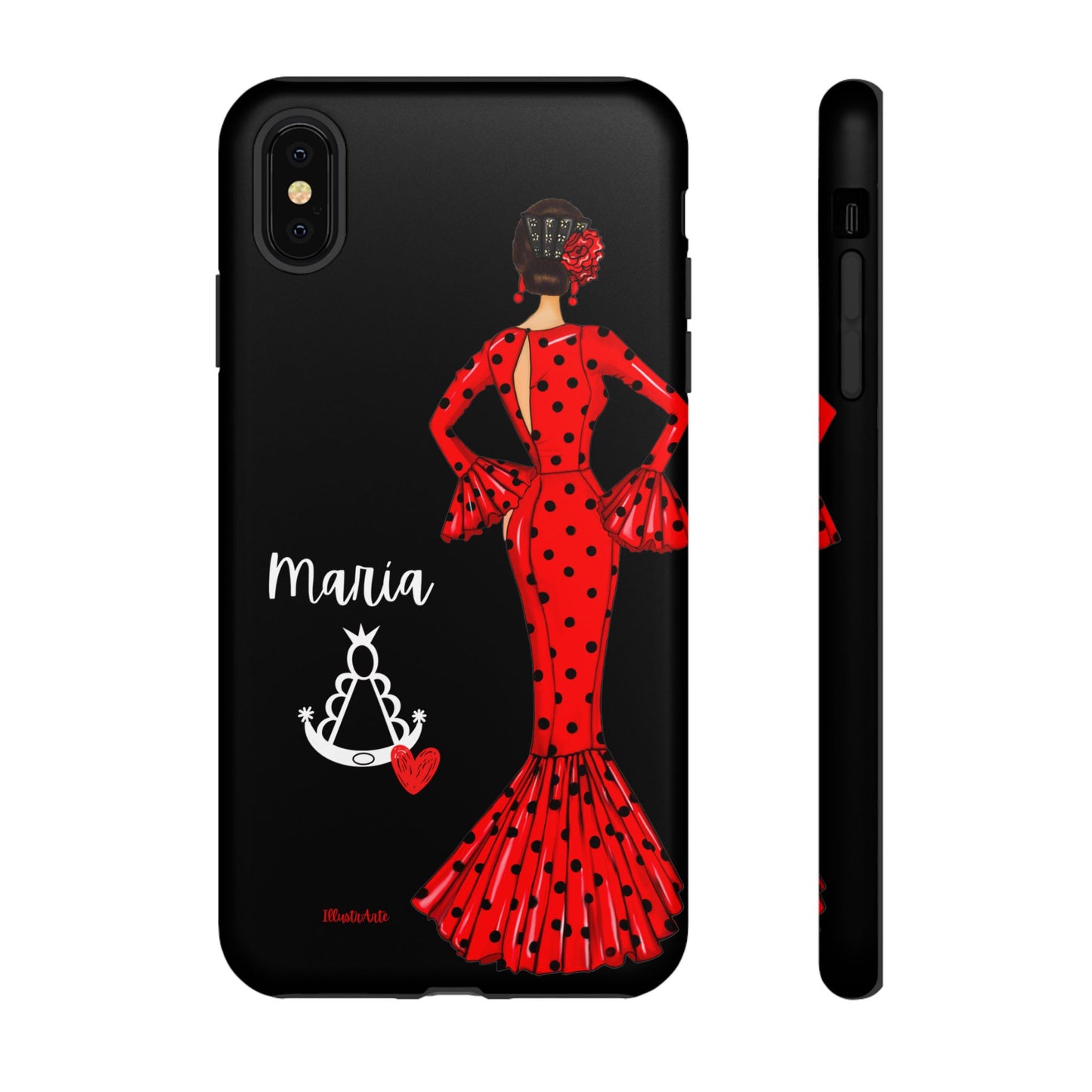 una funda de teléfono con una mujer en un vestido rojo