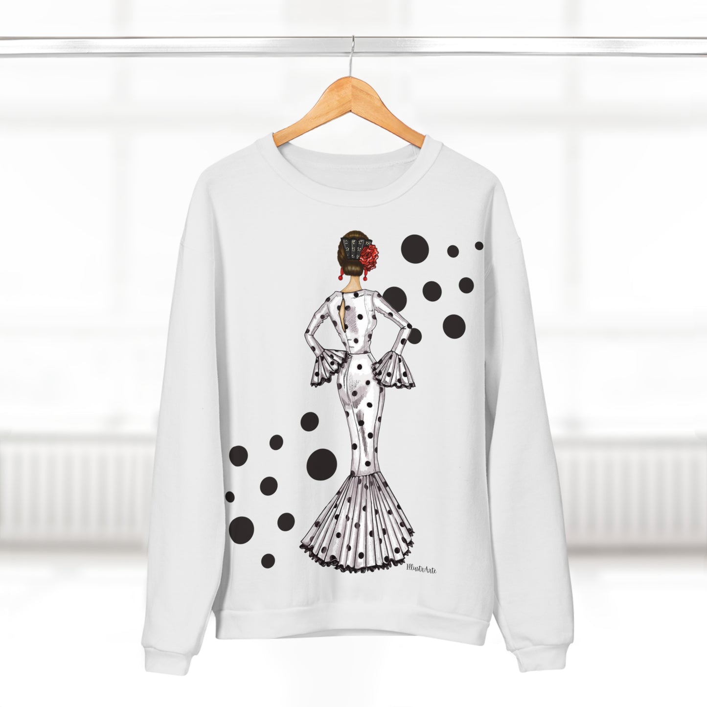 a white sweater with a woman's image on it