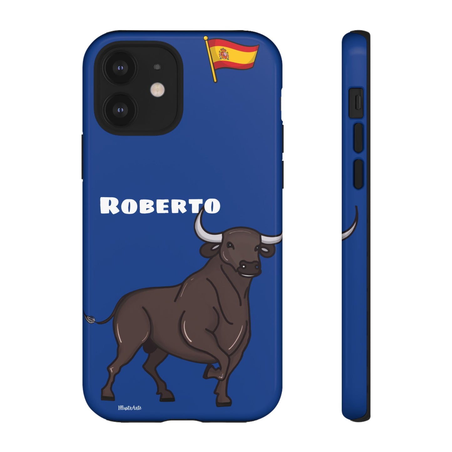 Funda de teléfono personalizable con nombre/bandera/Virgen - Modelo Toro Roberto, especial para quienes aprecian el arte español.