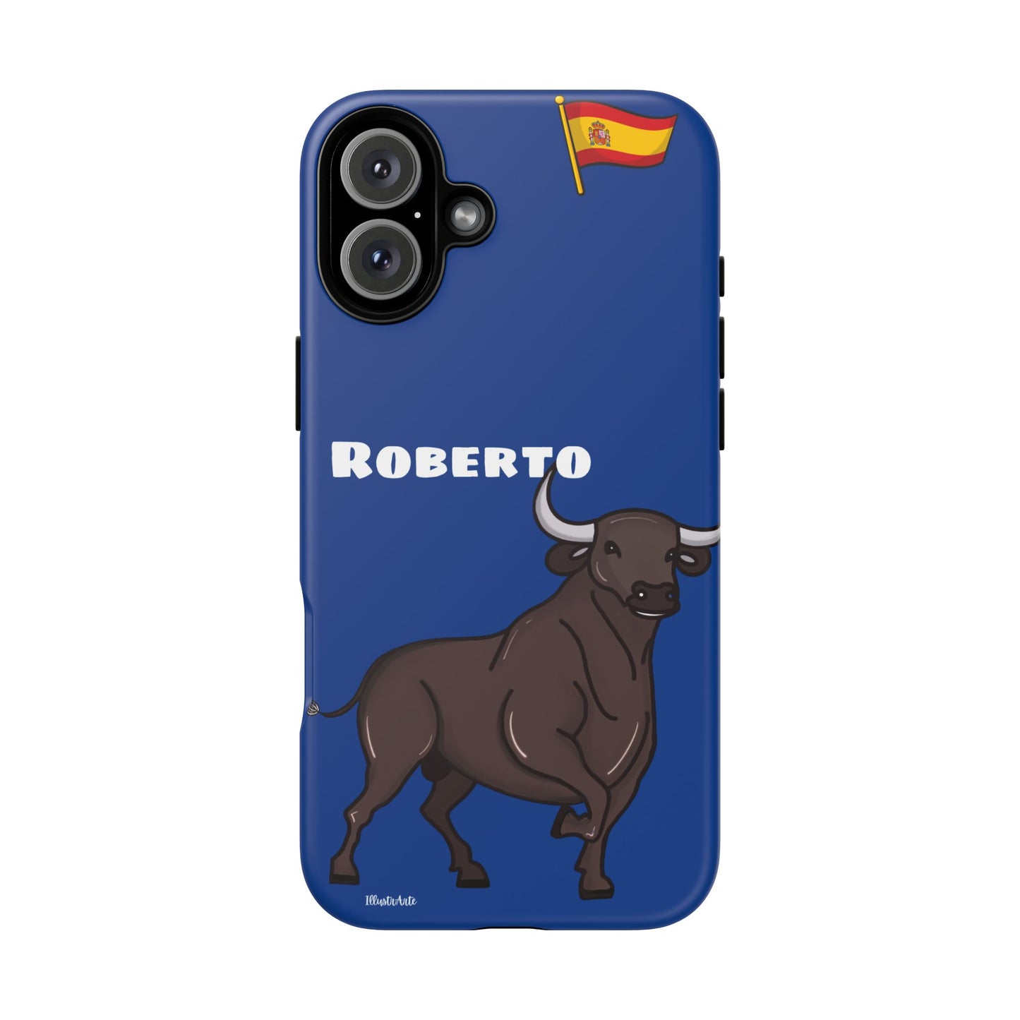 Funda de teléfono personalizable con nombre/bandera/Virgen - Modelo Toro Roberto en un entorno urbano.