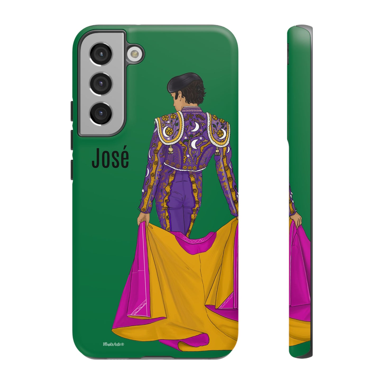 una funda de teléfono con una imagen de una mujer en un atuendo púrpura y amarillo