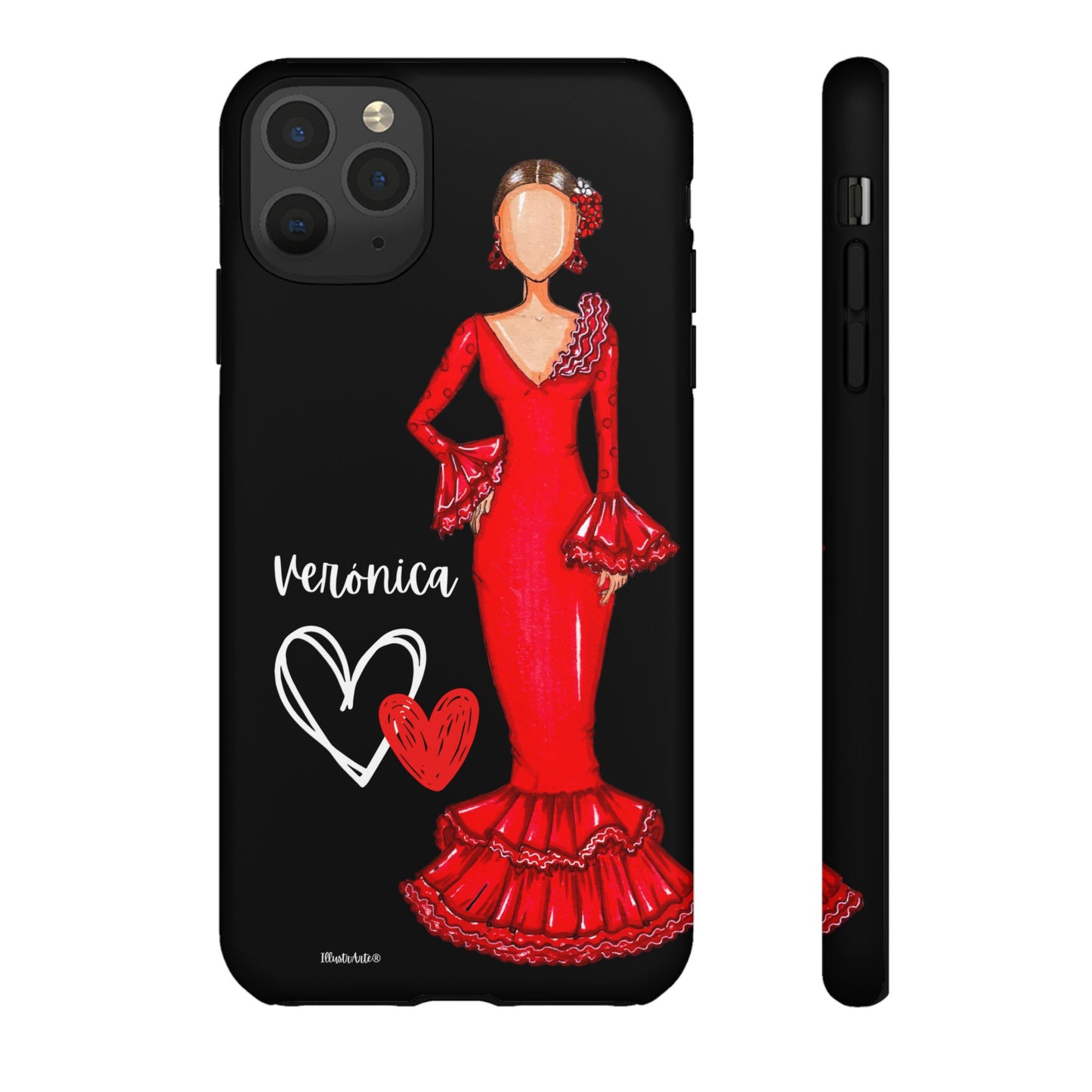 una funda de teléfono con una imagen de una mujer con un vestido rojo