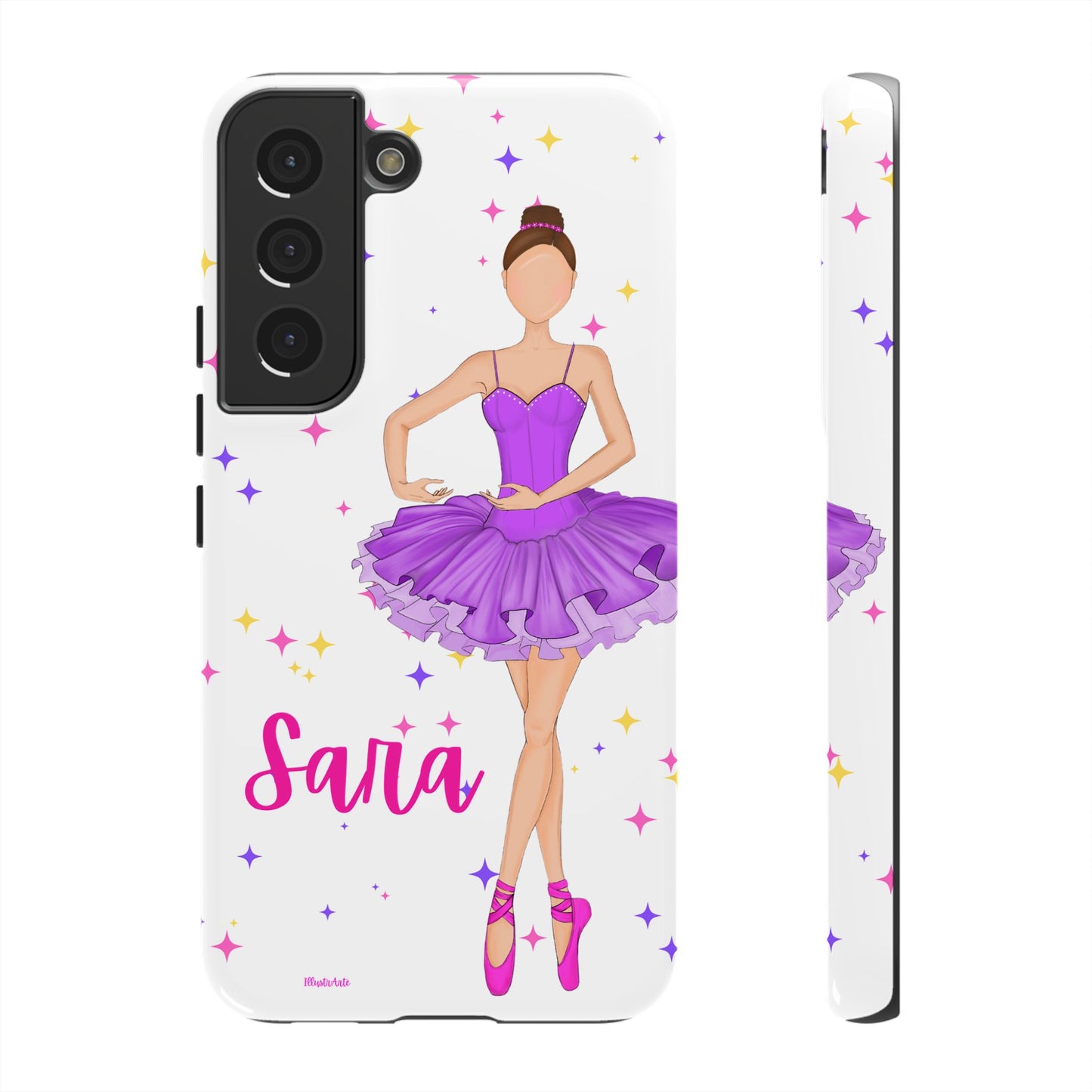 una funda de teléfono con una niña en un vestido púrpura