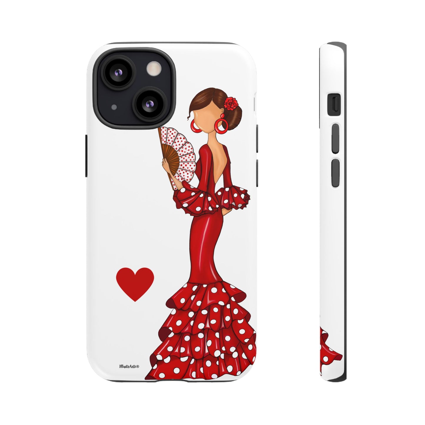 una funda de teléfono con una dama en un vestido rojo sosteniendo un abanico