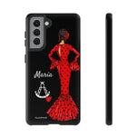 Personalised phone case flamenco dancer María, dark hair, with a little Virgin Mary for Samsung Galaxy S21, gloss finish – illustrArte