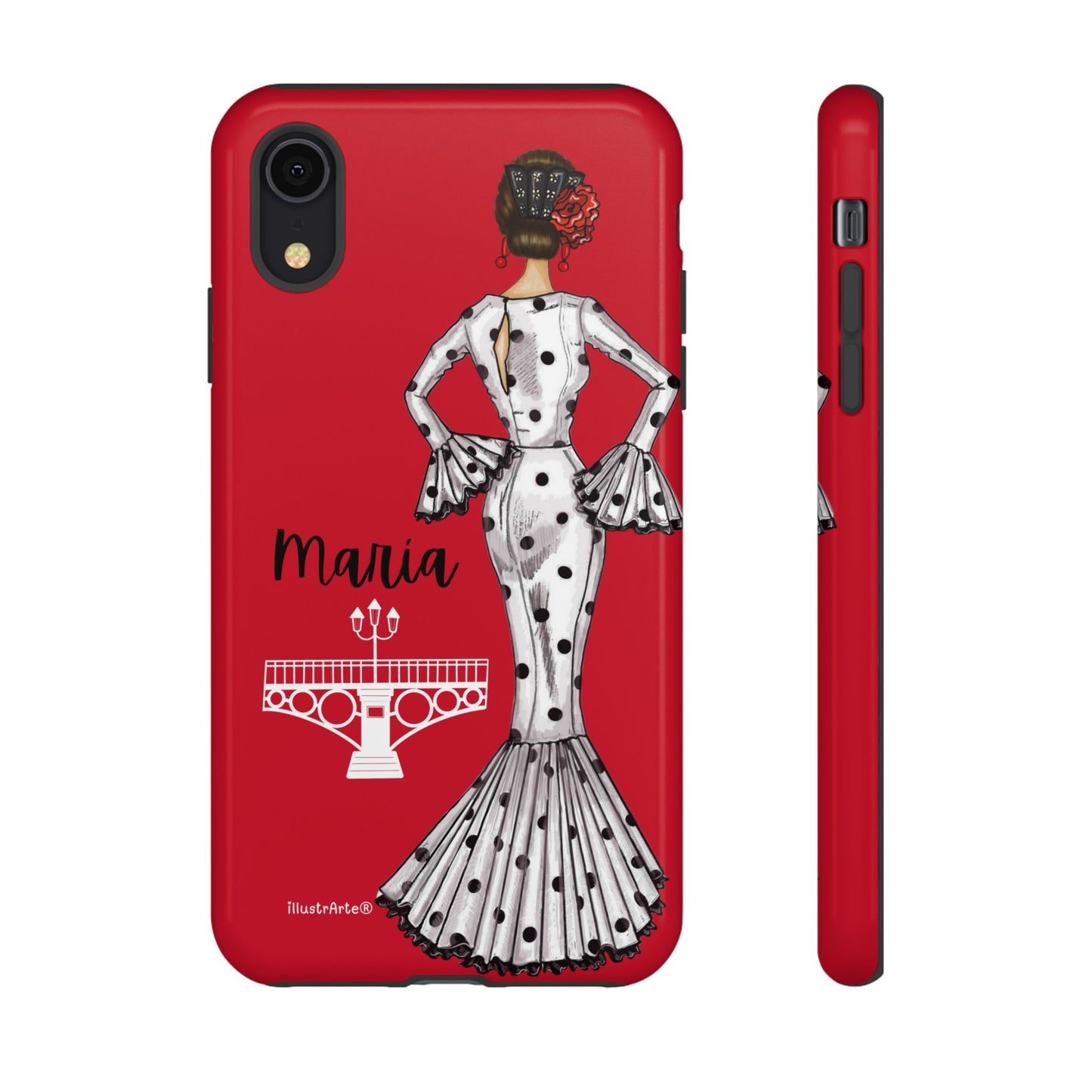 Fondo claro con la funda de teléfono personalizada, ilustración de flamenca María, perfecta para iPhone.