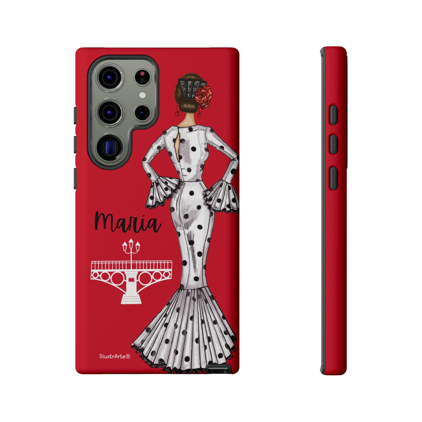 Funda de teléfono personalizable con el diseño de flamenca María, perfecta para iPhone, Samsung Galaxy y Google Pixel.