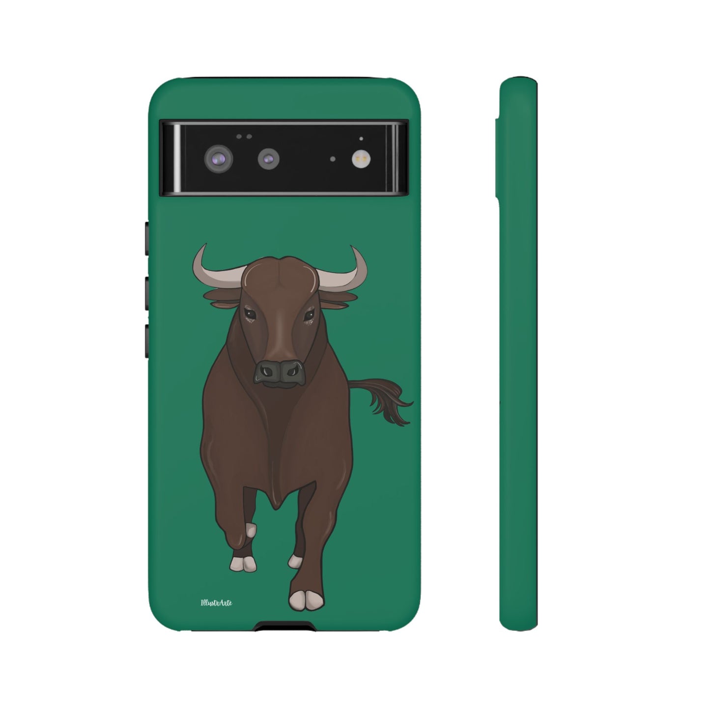 una funda de teléfono con una imagen de un toro en ella