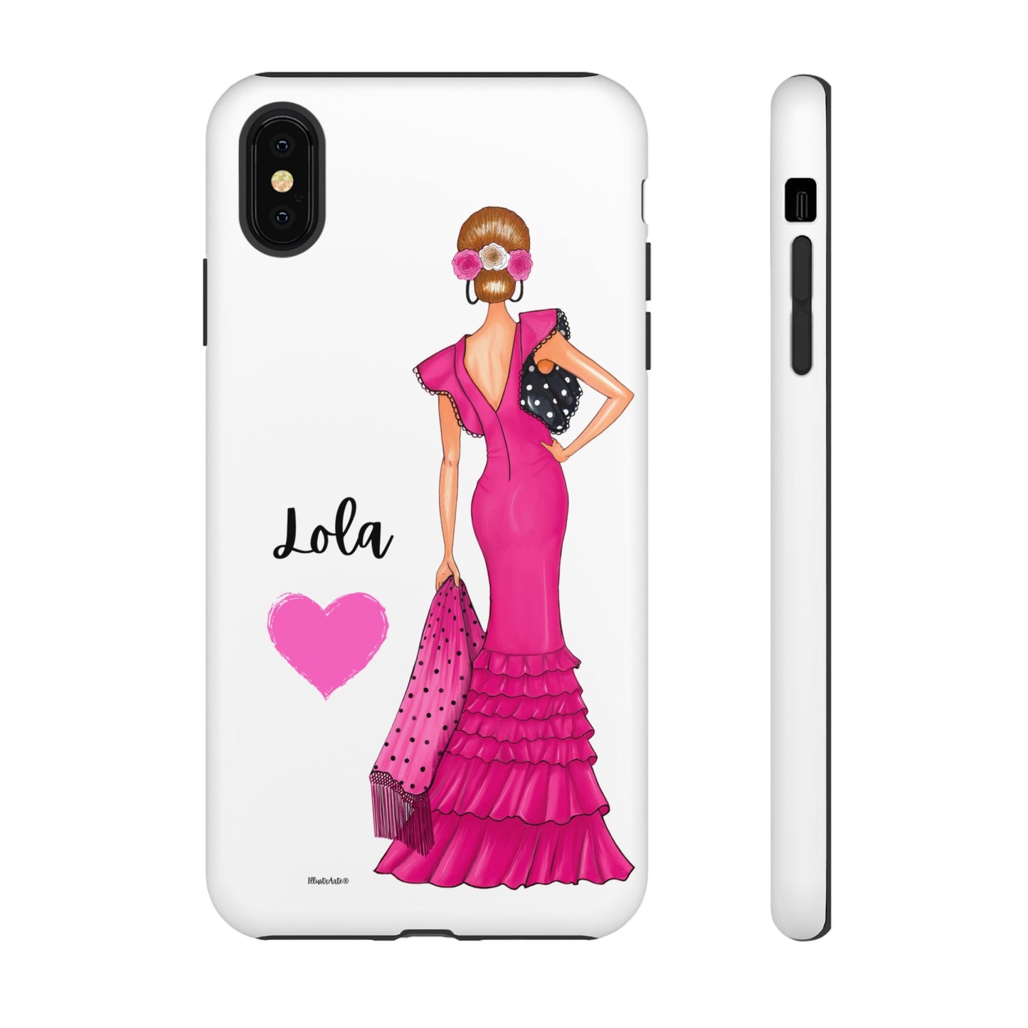 Funda de teléfono personalizable con nombre/bandera/Virgen - Modelo Manuela vestido rosa con fondo artístico.