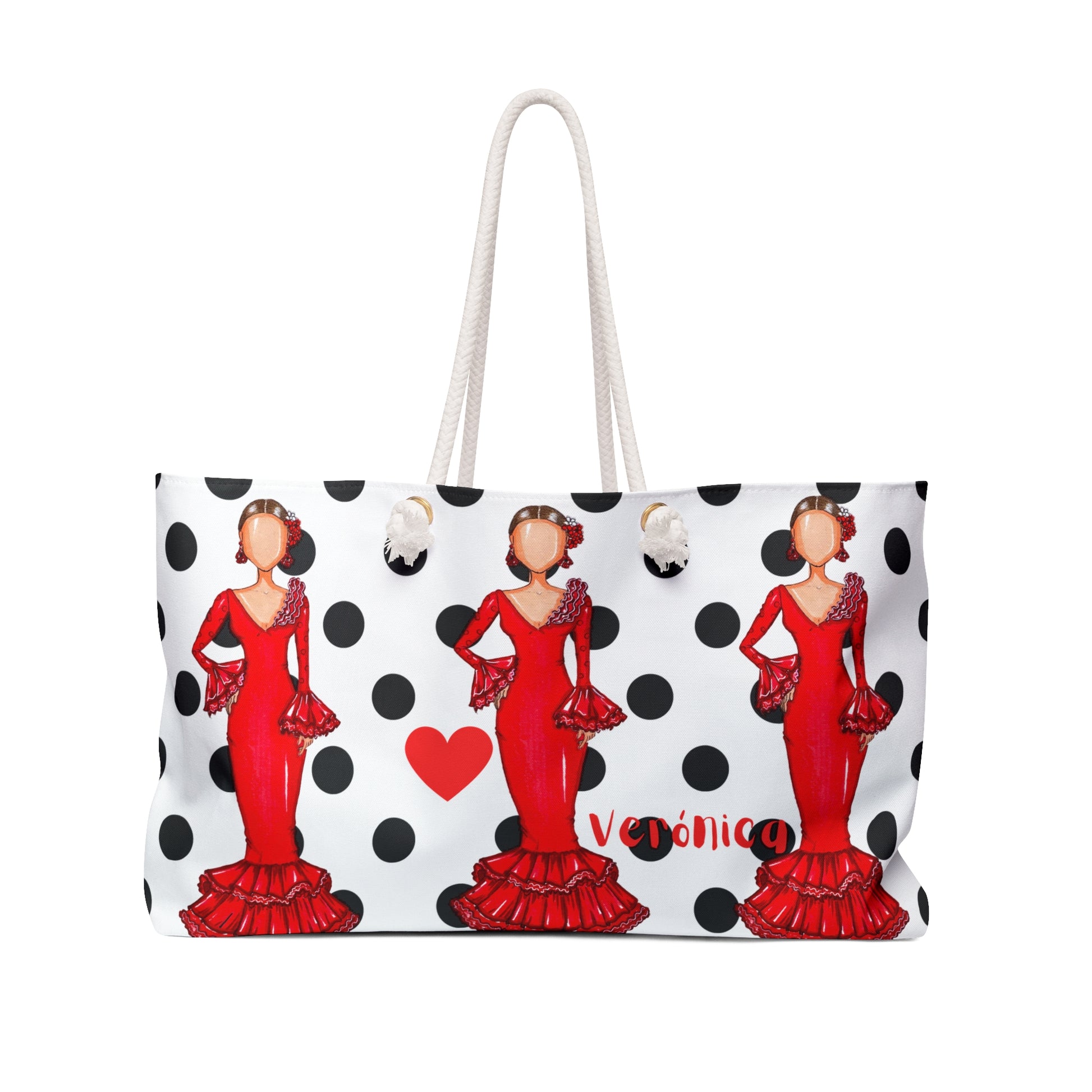 a polka dot bag with a woman in a red dress