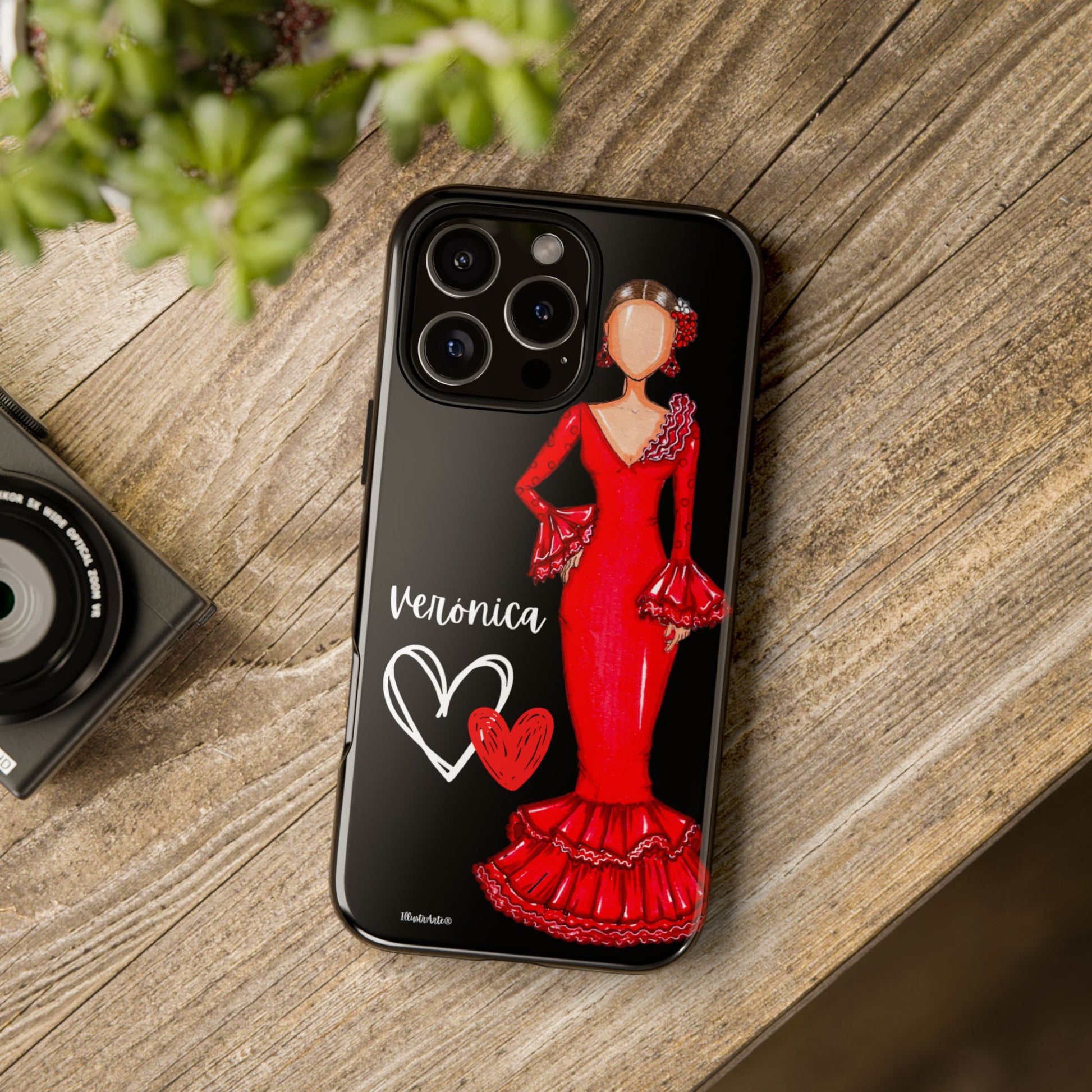 una funda de teléfono con una imagen de una mujer con un vestido rojo