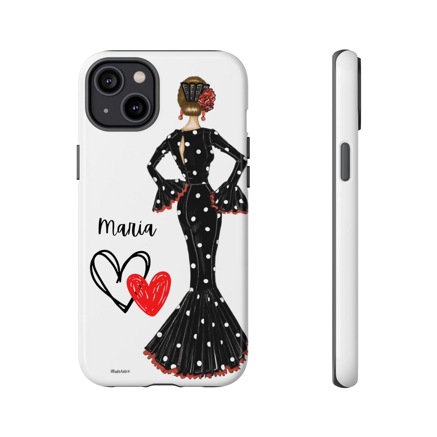 una funda para teléfono con una mujer en un vestido