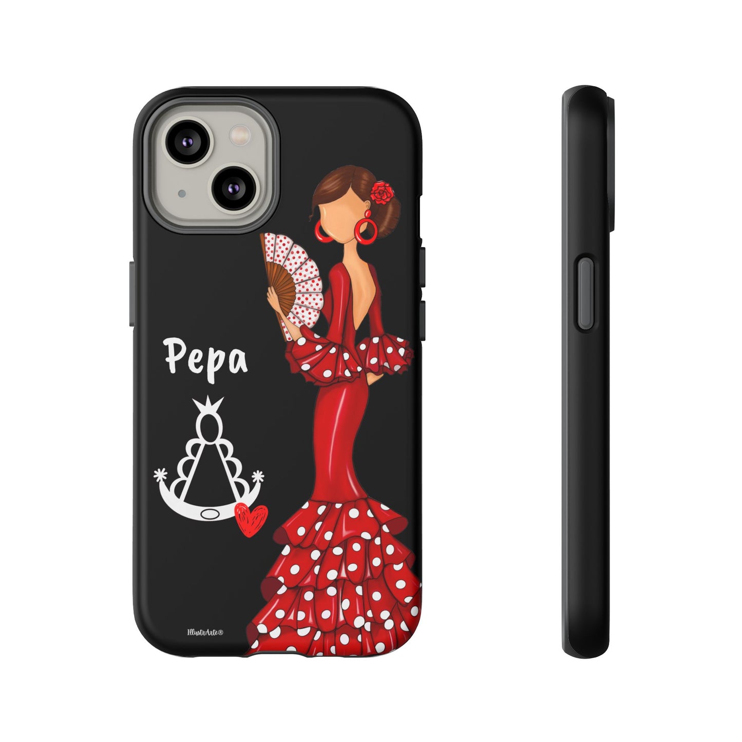Personalized Pepa phone case on a black background with the Virgin Mary – for iPhone, Samsung, Pixel