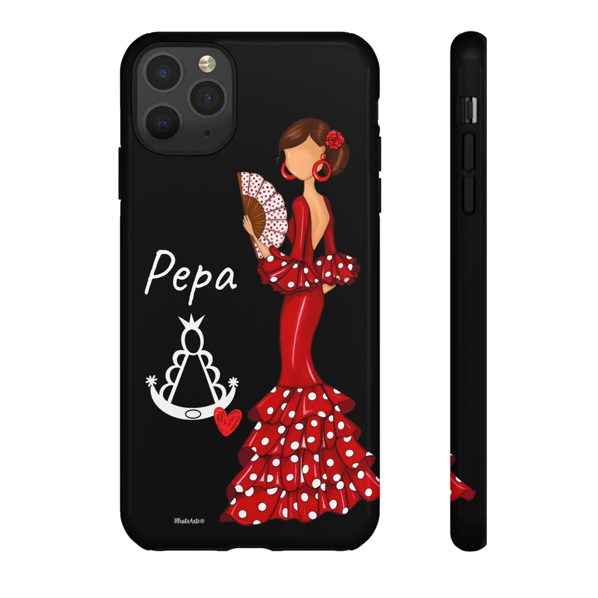 una funda de teléfono con una mujer en un vestido rojo