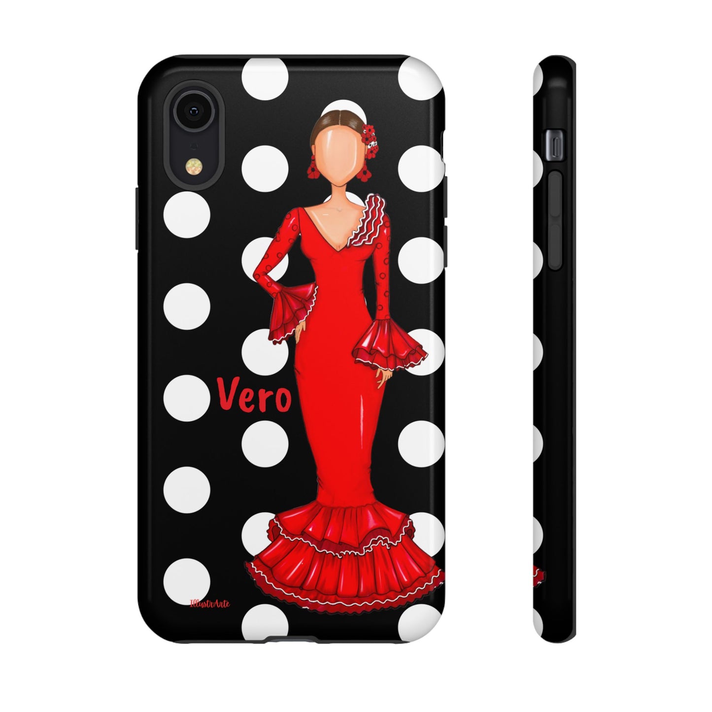 una funda para teléfono con una mujer en un vestido rojo