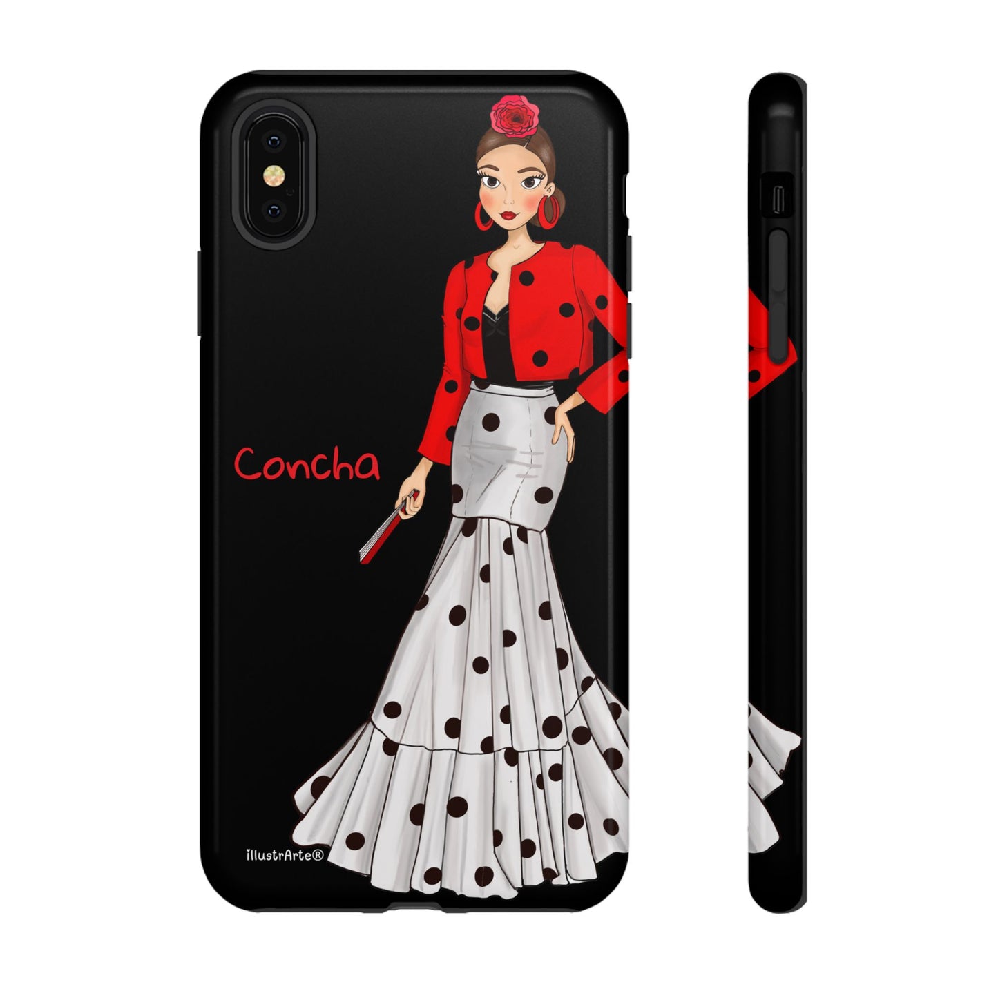 Visibilidad de la funda de teléfono Modelo Conchita en fondo negro.
