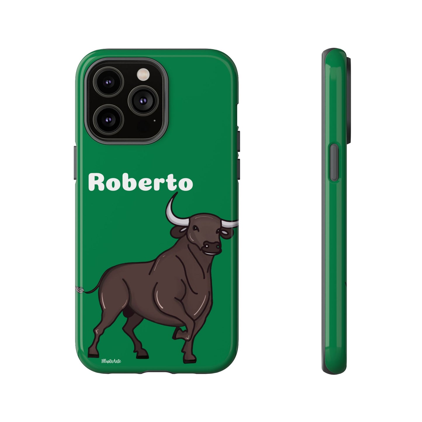 una funda de teléfono verde con un toro en ella