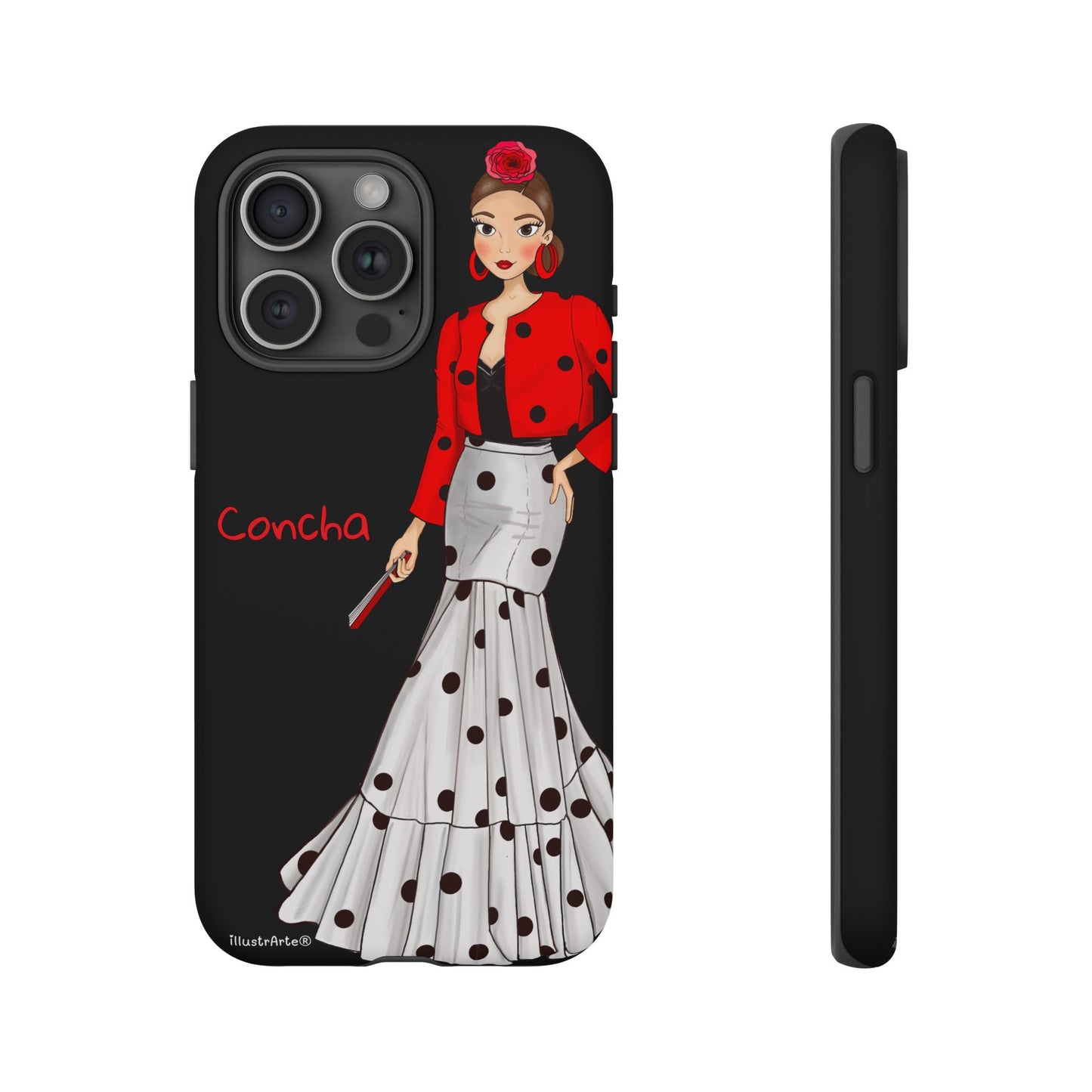 Funda de teléfono personalizable de alta calidad - Modelo Conchita fondo negro.