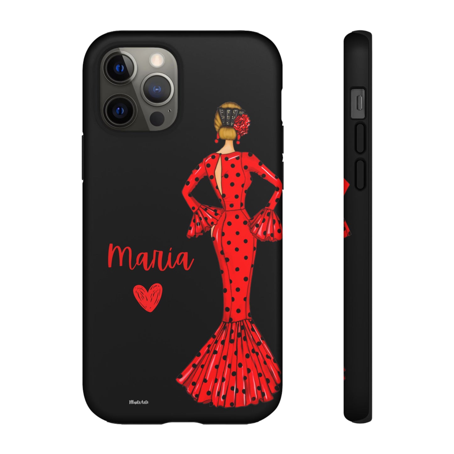 una funda de teléfono con una mujer en un vestido rojo