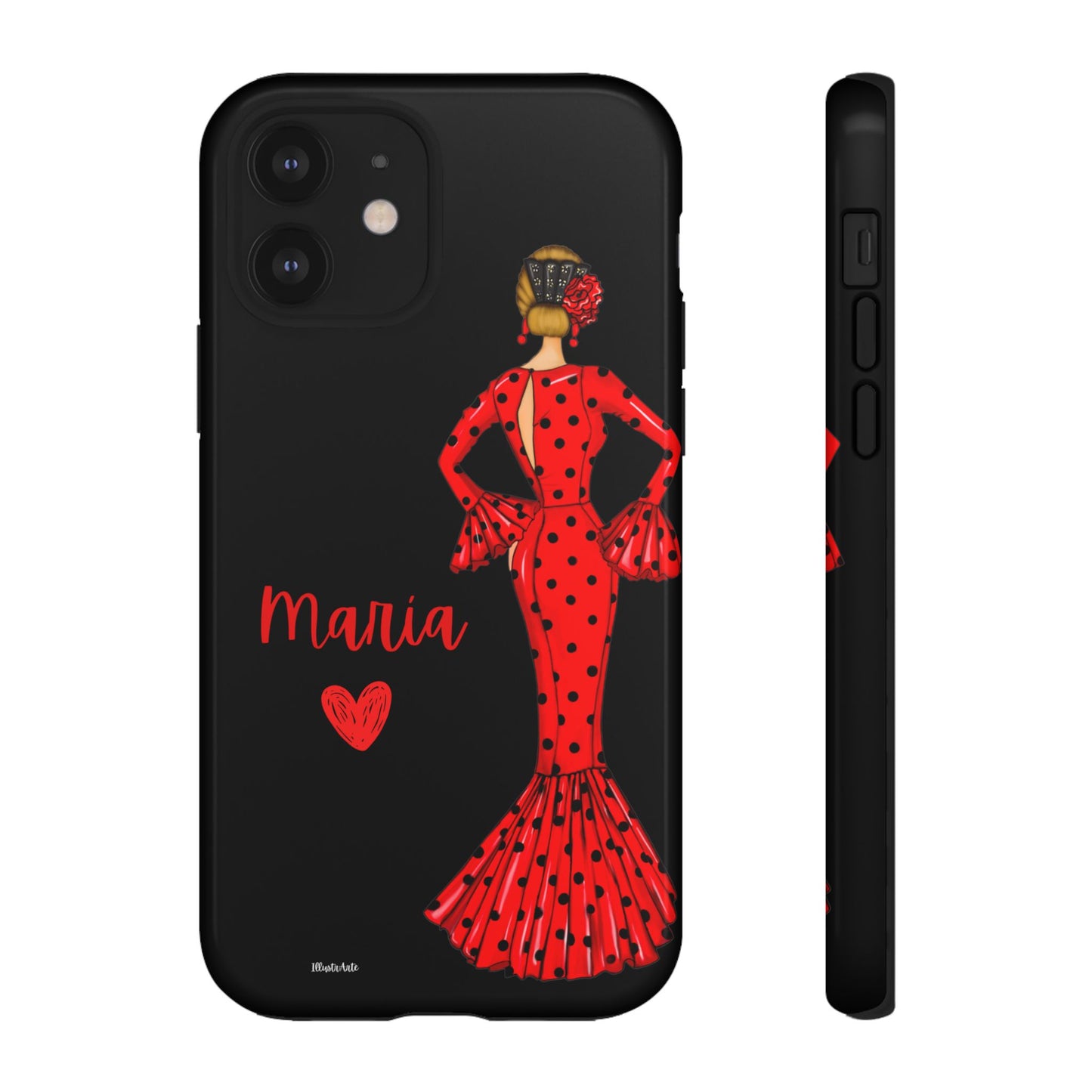 una funda de teléfono con una mujer en un vestido rojo