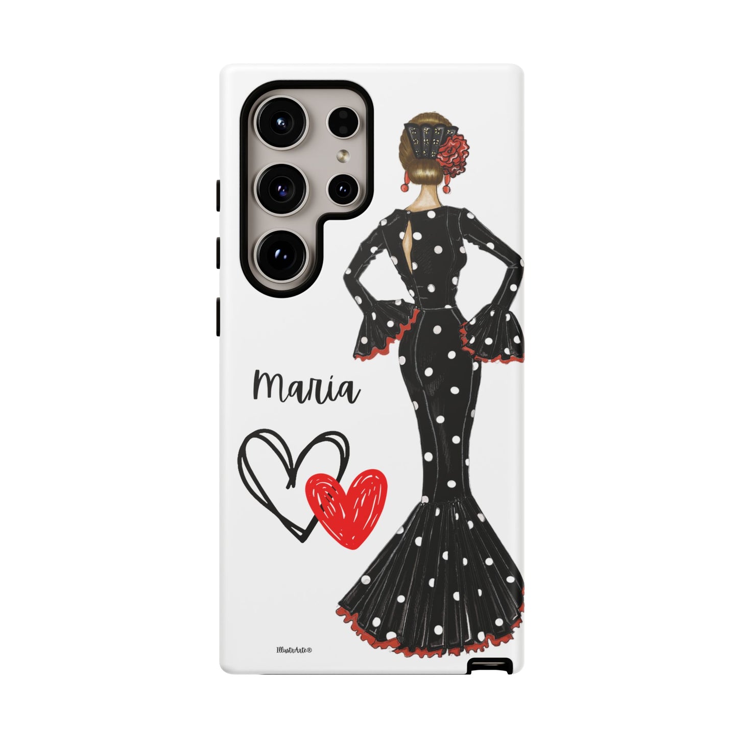 una funda para teléfono con una mujer en un vestido