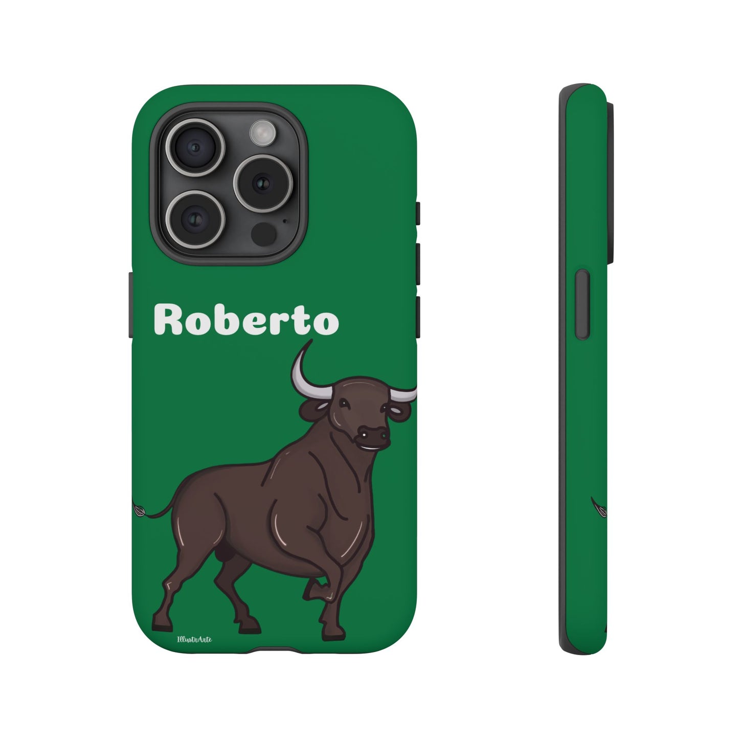 una funda de teléfono verde con un toro en ella