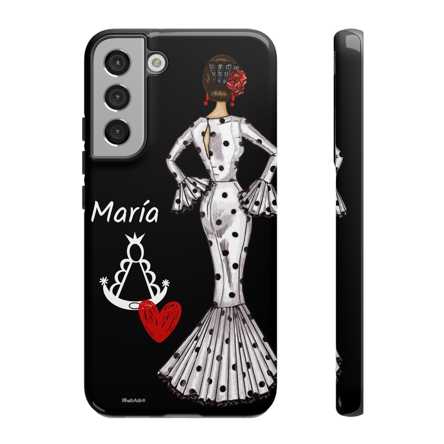 una funda de teléfono con una imagen de una mujer en un vestido